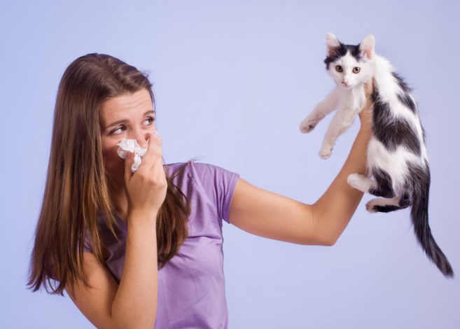 Femme avec chat qui se mouche